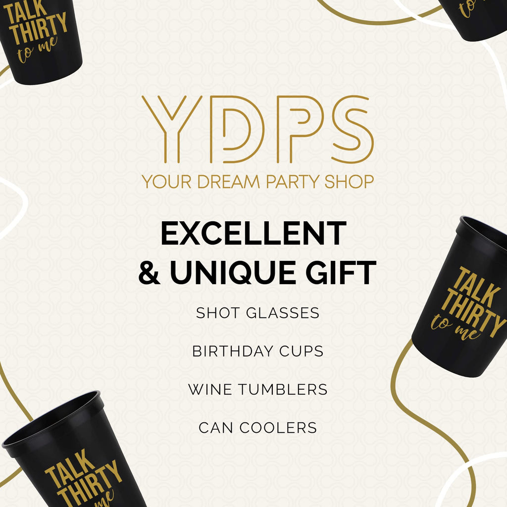 Talk Thirty to Me 30th Birthday Cups – Set of 12 Black & Gold Stadium Cups with Button
