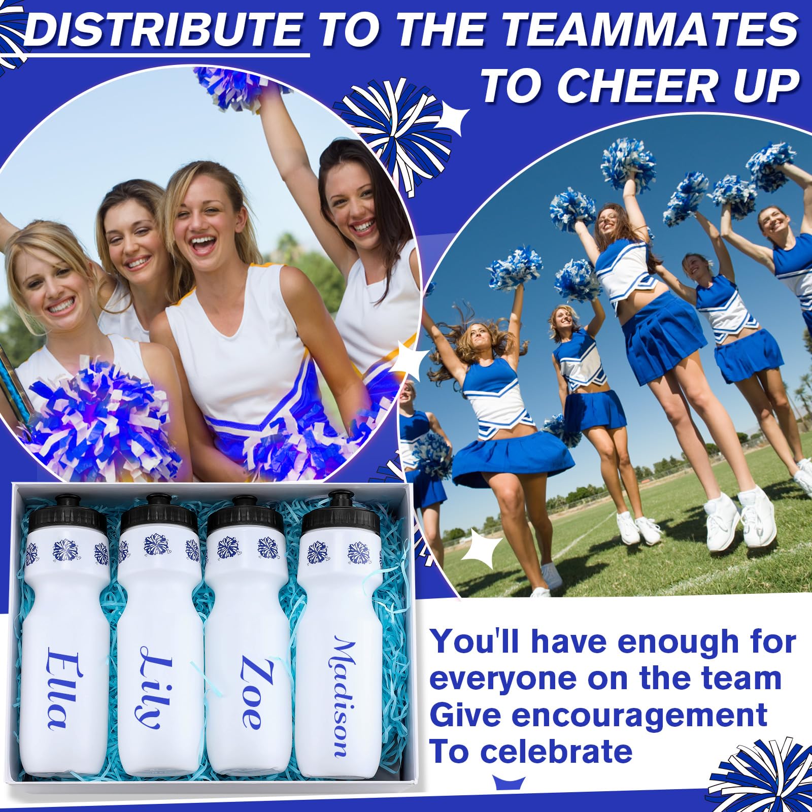 Talltalk 6-Pack Cheerleading Water Bottles - 24oz Squeeze Sports Tumbler with Pull Top Cap, Reusable for Team Gifts, Party Favors (Blue)