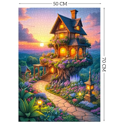TangMosaic 1000 Piece Puzzle for Adults – Fairytale Tree House with Auroras, Dust-Free, Lettered Back, 27.56"x19.69" Finished Size