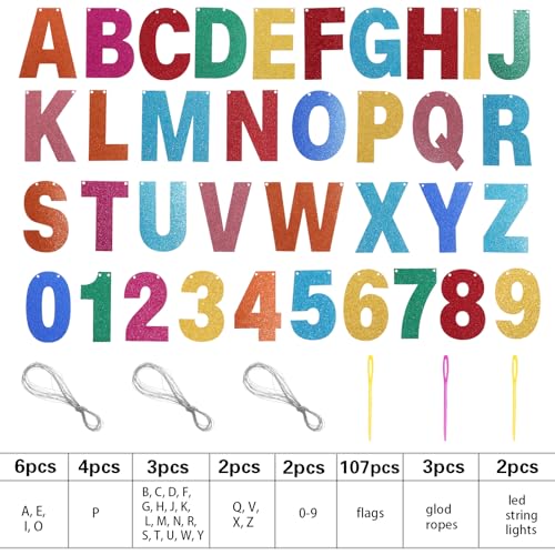 TaoBary 112-Piece DIY Glitter Letter Banner Kit – Customizable Rainbow Letters and Numbers for Parties