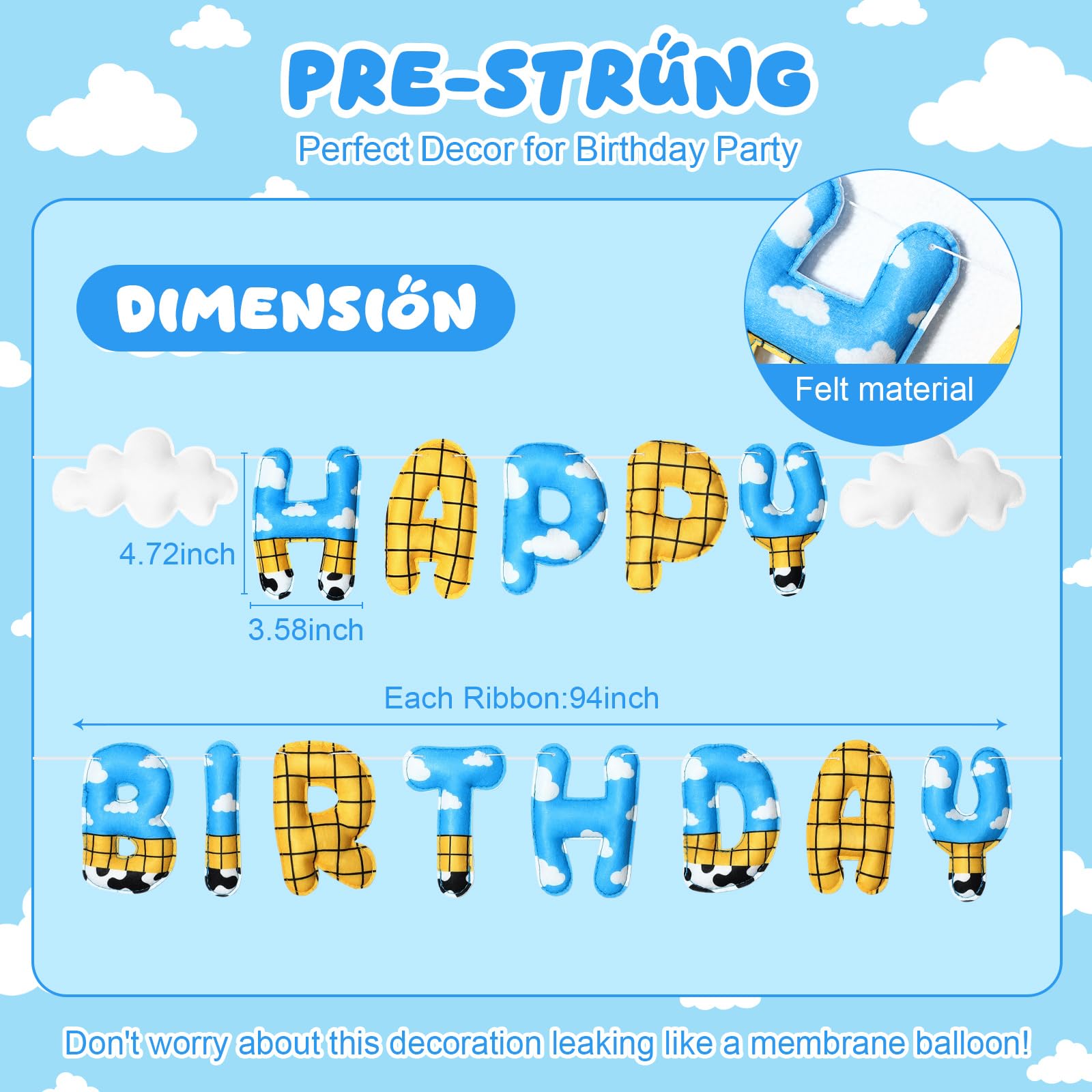 TaoBary 2 Pcs Felt Cartoon Birthday Banner – Reusable 3D Pre-Strung Hanging Bunting for Kids
