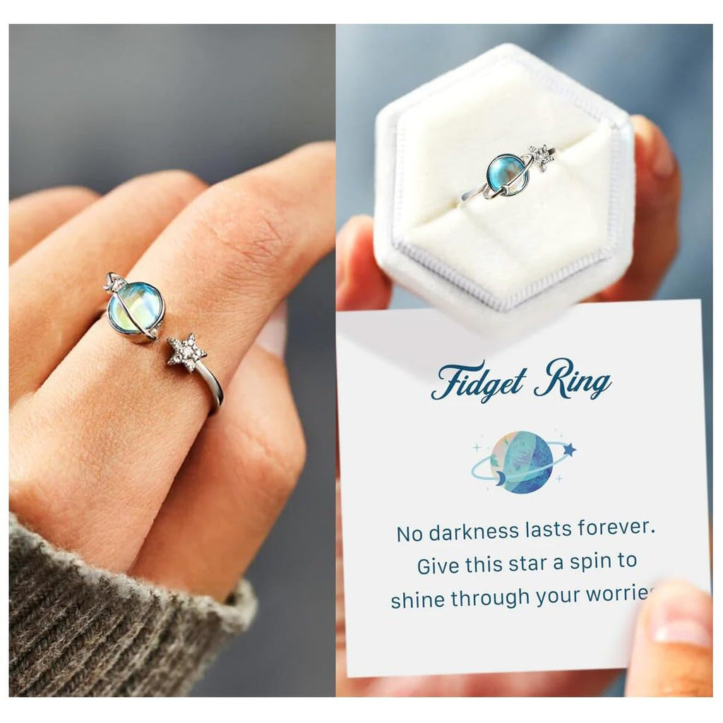 Taoqiao Adjustable Planet Anxiety Ring – Fidget Spinner Ring for Stress Relief with Moon & Star Design, Gift Card Included