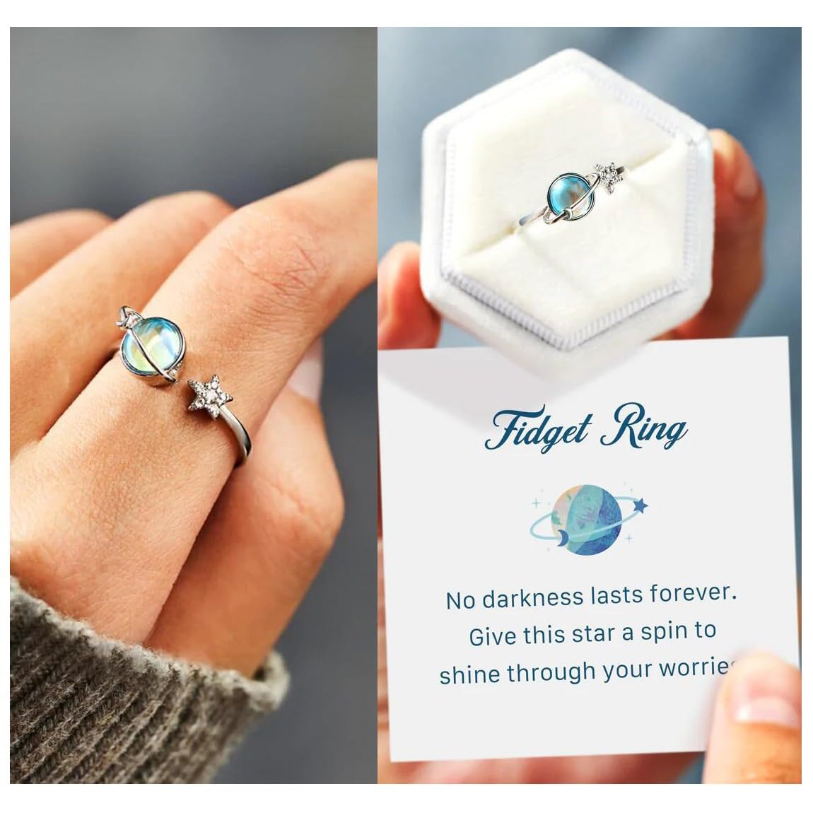 Taoqiao Adjustable Planet Anxiety Ring – Fidget Spinner Ring for Stress Relief with Moon & Star Design, Gift Card Included