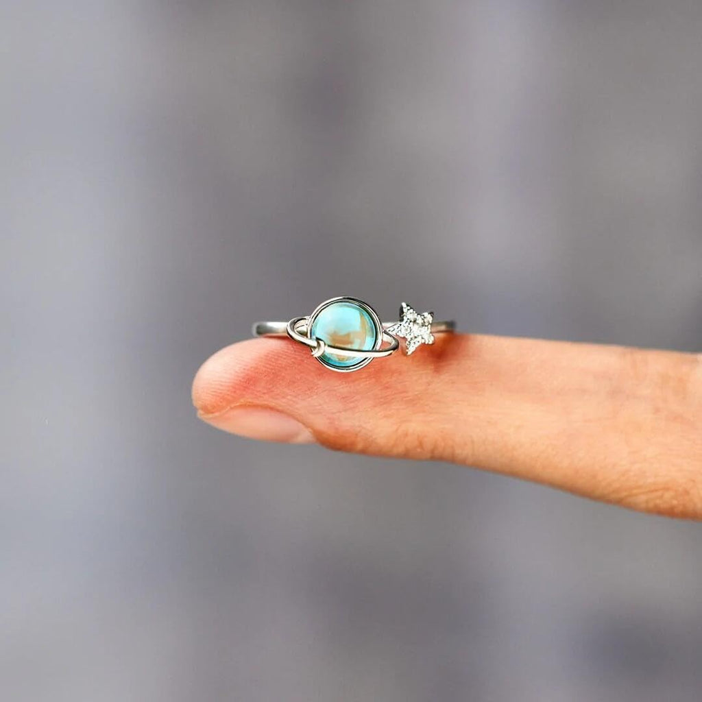 Taoqiao Adjustable Planet Anxiety Ring – Fidget Spinner Ring for Stress Relief with Moon & Star Design, Gift Card Included