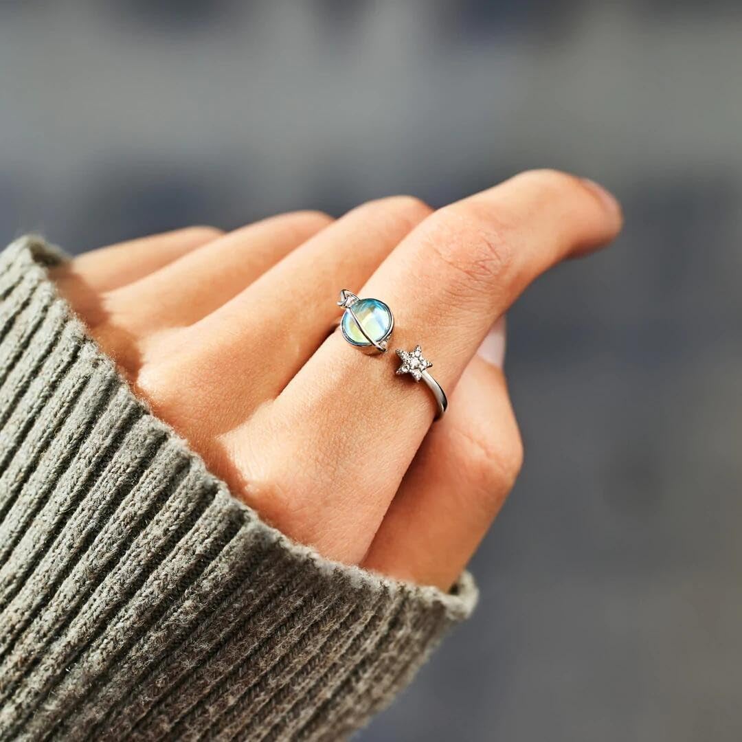 Taoqiao Adjustable Planet Anxiety Ring – Fidget Spinner Ring for Stress Relief with Moon & Star Design, Gift Card Included