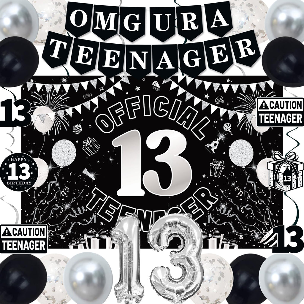 TAOTOSUNE 13th Birthday Decorations Kit for Teens – Black White Silver Theme with Banner, Backdrop, Foil Balloons, and More