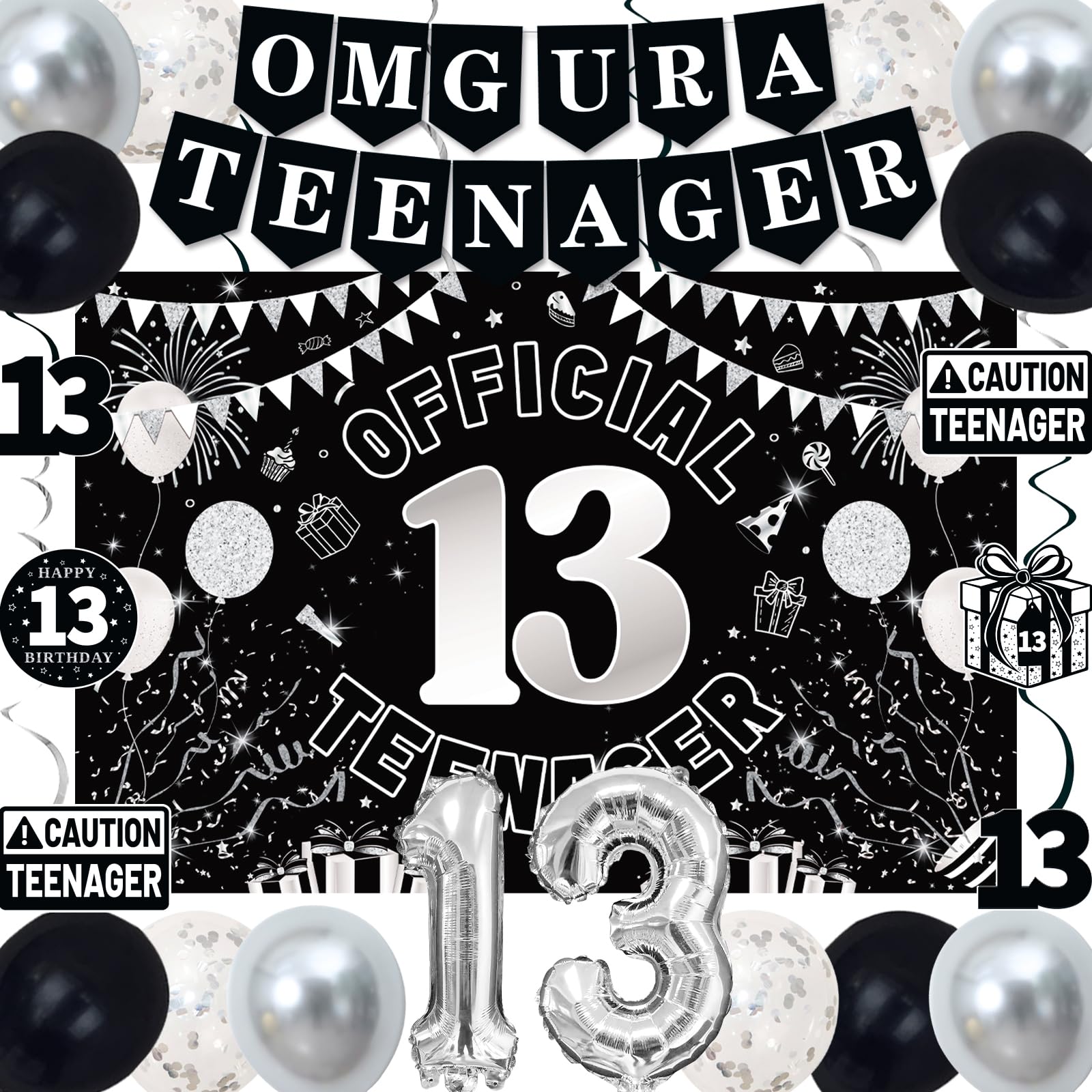 TAOTOSUNE 13th Birthday Decorations Kit for Teens – Black White Silver Theme with Banner, Backdrop, Foil Balloons, and More