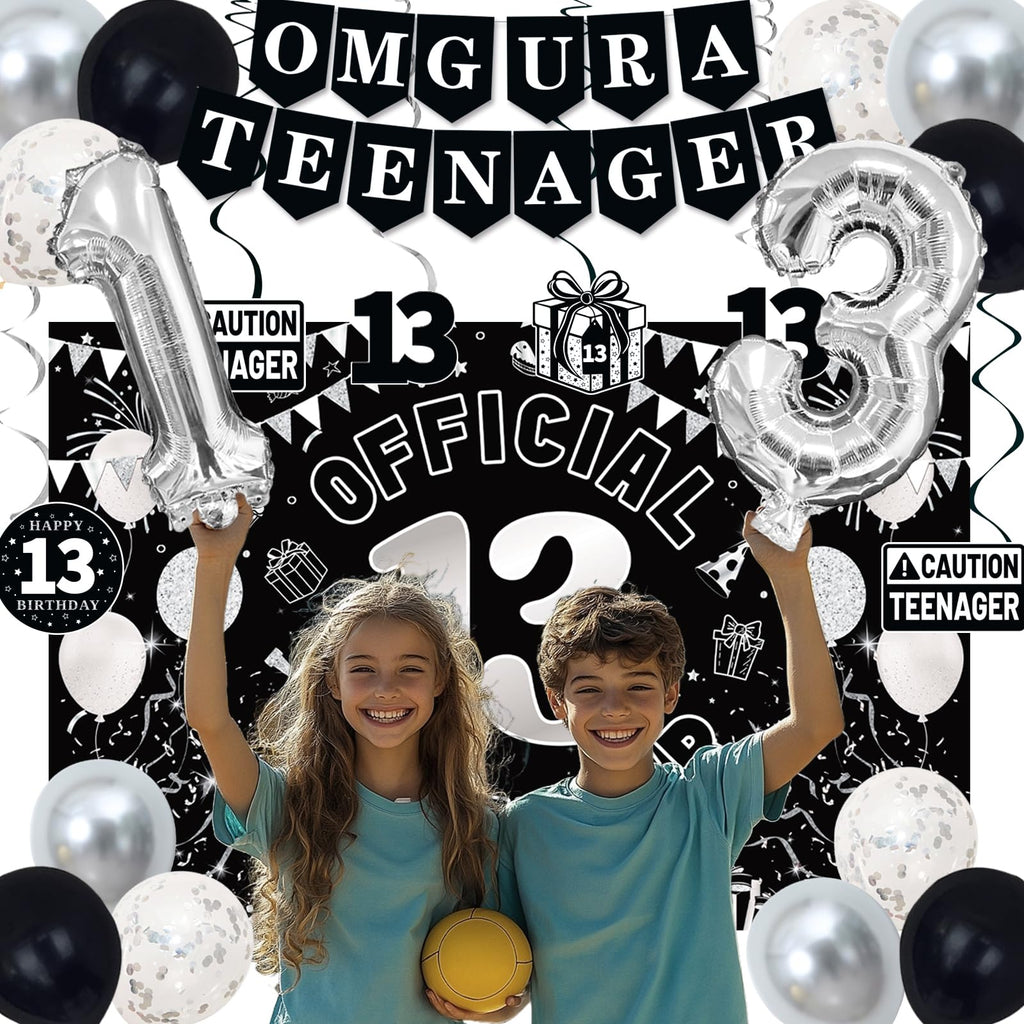TAOTOSUNE 13th Birthday Decorations Kit for Teens – Black White Silver Theme with Banner, Backdrop, Foil Balloons, and More