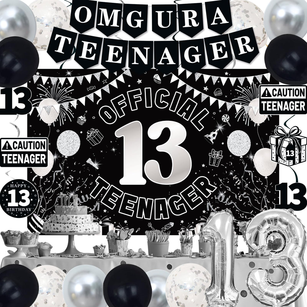 TAOTOSUNE 13th Birthday Decorations Kit for Teens – Black White Silver Theme with Banner, Backdrop, Foil Balloons, and More