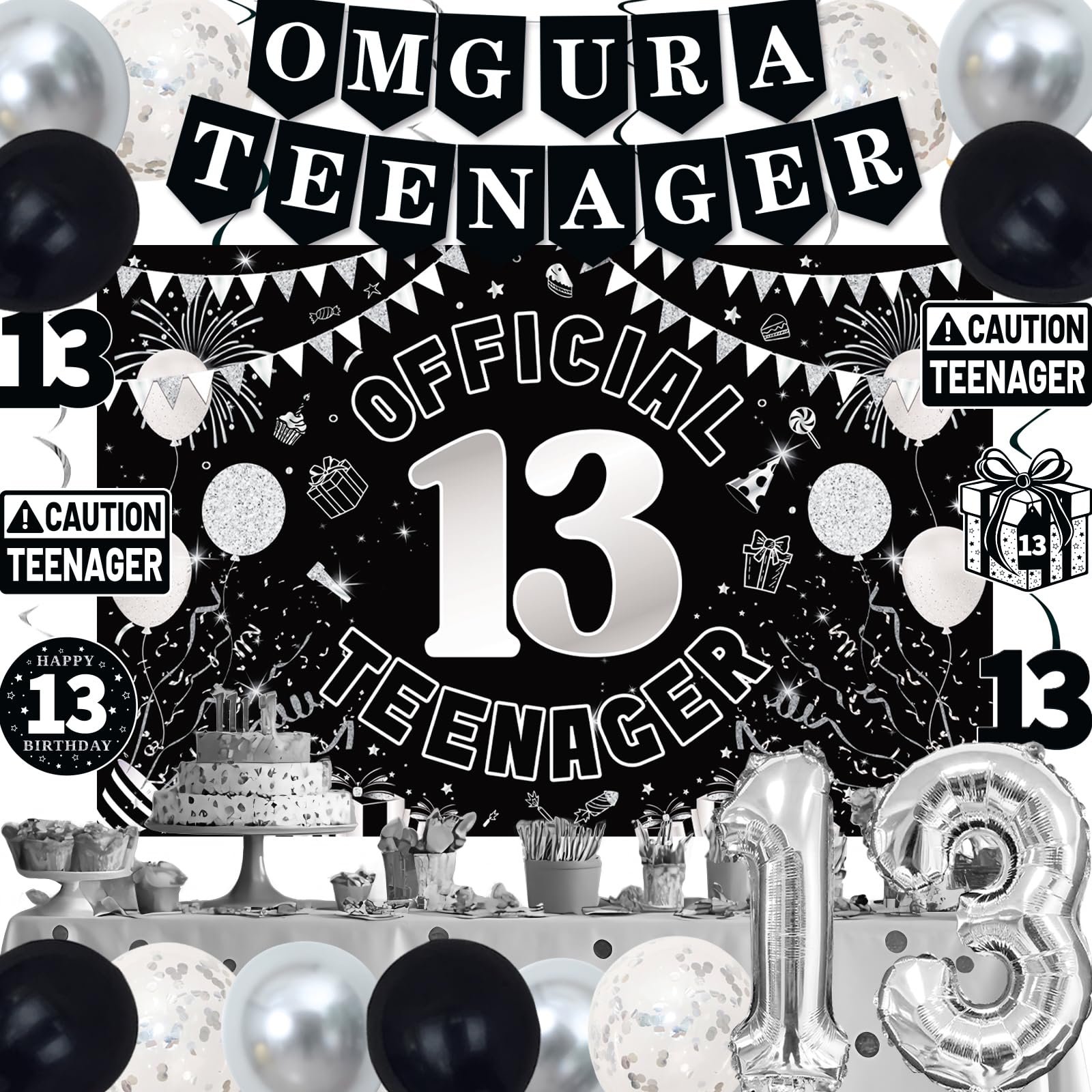TAOTOSUNE 13th Birthday Decorations Kit for Teens – Black White Silver Theme with Banner, Backdrop, Foil Balloons, and More