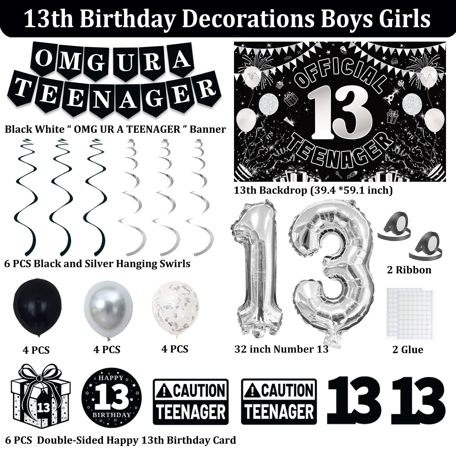 TAOTOSUNE 13th Birthday Decorations Kit for Teens – Black White Silver Theme with Banner, Backdrop, Foil Balloons, and More
