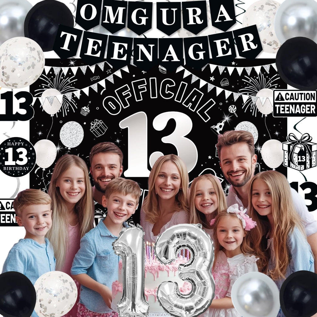 TAOTOSUNE 13th Birthday Decorations Kit for Teens – Black White Silver Theme with Banner, Backdrop, Foil Balloons, and More