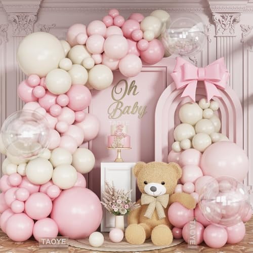 TAOYE 93-Piece Pink White Balloon Arch Kit – Double Stuffed Pastel & Ivory Balloons with Clear Accents for Baby Showers & Birthday Parties