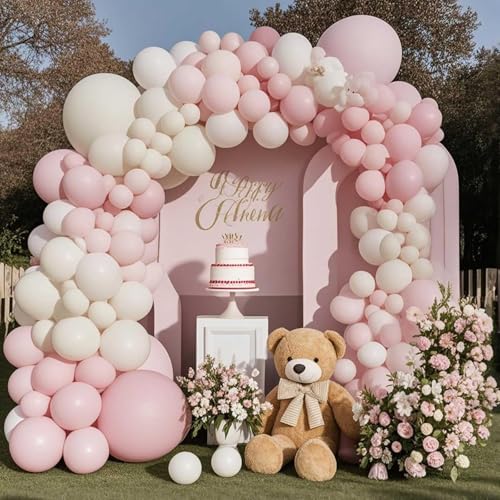 TAOYE 93-Piece Pink White Balloon Arch Kit – Double Stuffed Pastel & Ivory Balloons with Clear Accents for Baby Showers & Birthday Parties