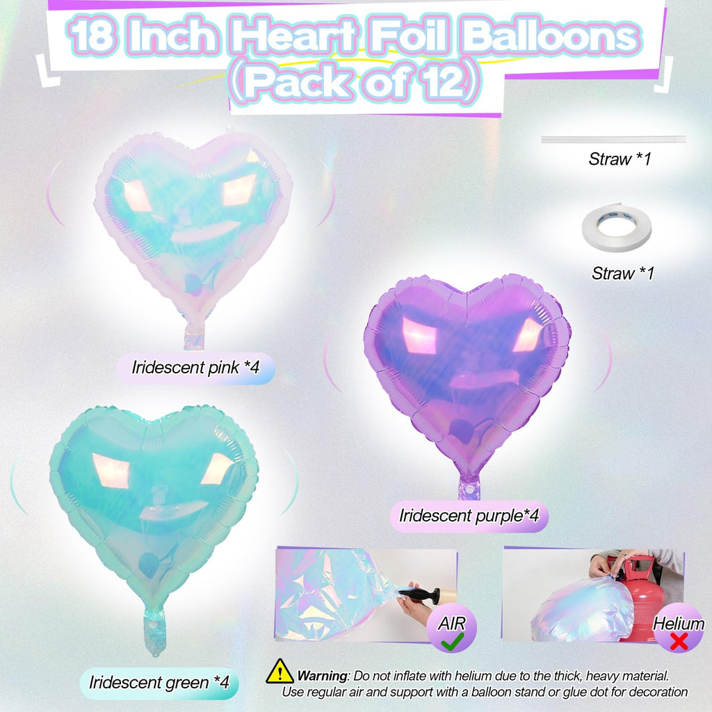 TAOYE Iridescent Heart Balloons 12-Pack – 18 Inch Gradient Pink Purple Green Foil Balloons for Birthday Wedding Party Decor