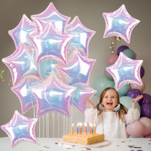 TAOYE Iridescent Star Balloons (9 Pack) - 18-Inch Gradient Pink White Foil Balloons for Birthday Rainbow Mermaid Party Decor