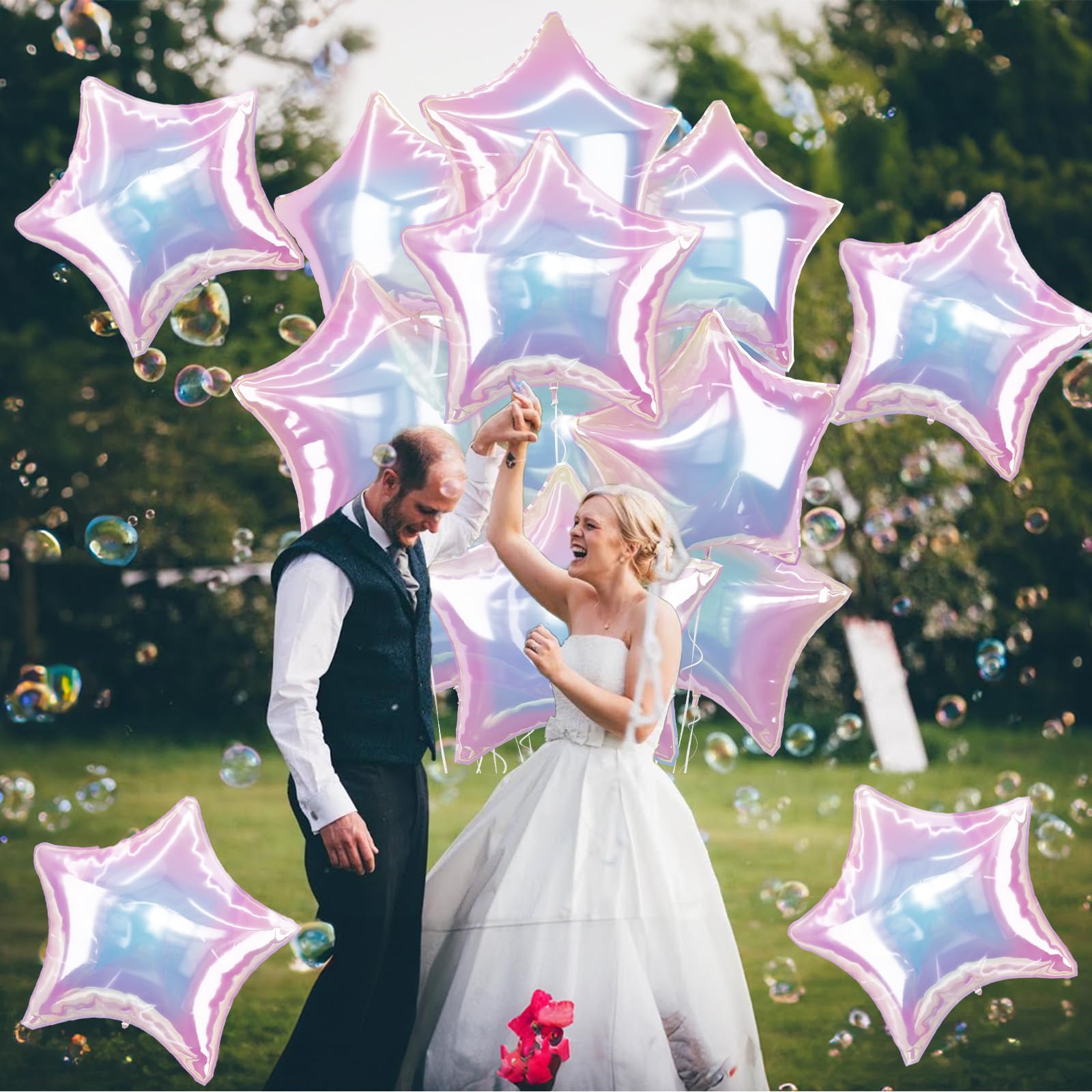 TAOYE Iridescent Star Balloons (9 Pack) - 18-Inch Gradient Pink White Foil Balloons for Birthday Rainbow Mermaid Party Decor