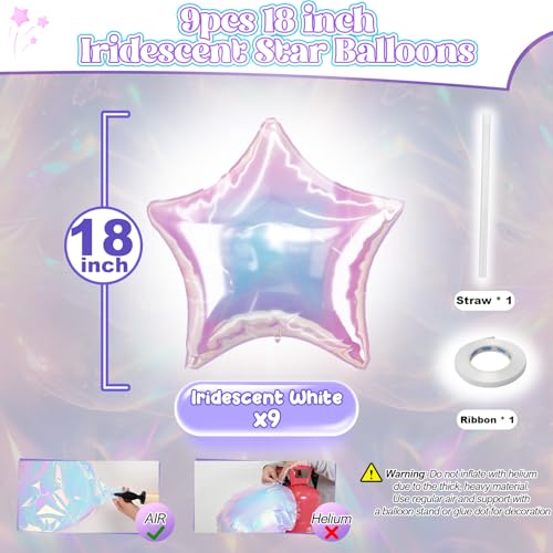 TAOYE Iridescent Star Balloons (9 Pack) - 18-Inch Gradient Pink White Foil Balloons for Birthday Rainbow Mermaid Party Decor