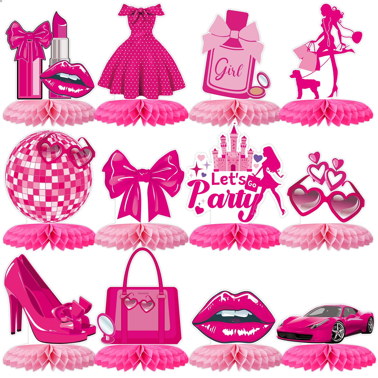 Tarklanda 12-Pack Hot Pink Honeycomb Centerpieces – 3D Party Table Decor for Bachelorette, Bridal Shower, & Princess Birthday