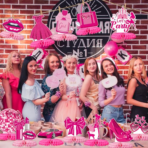 Tarklanda 12-Pack Hot Pink Honeycomb Centerpieces – 3D Party Table Decor for Bachelorette, Bridal Shower, & Princess Birthday