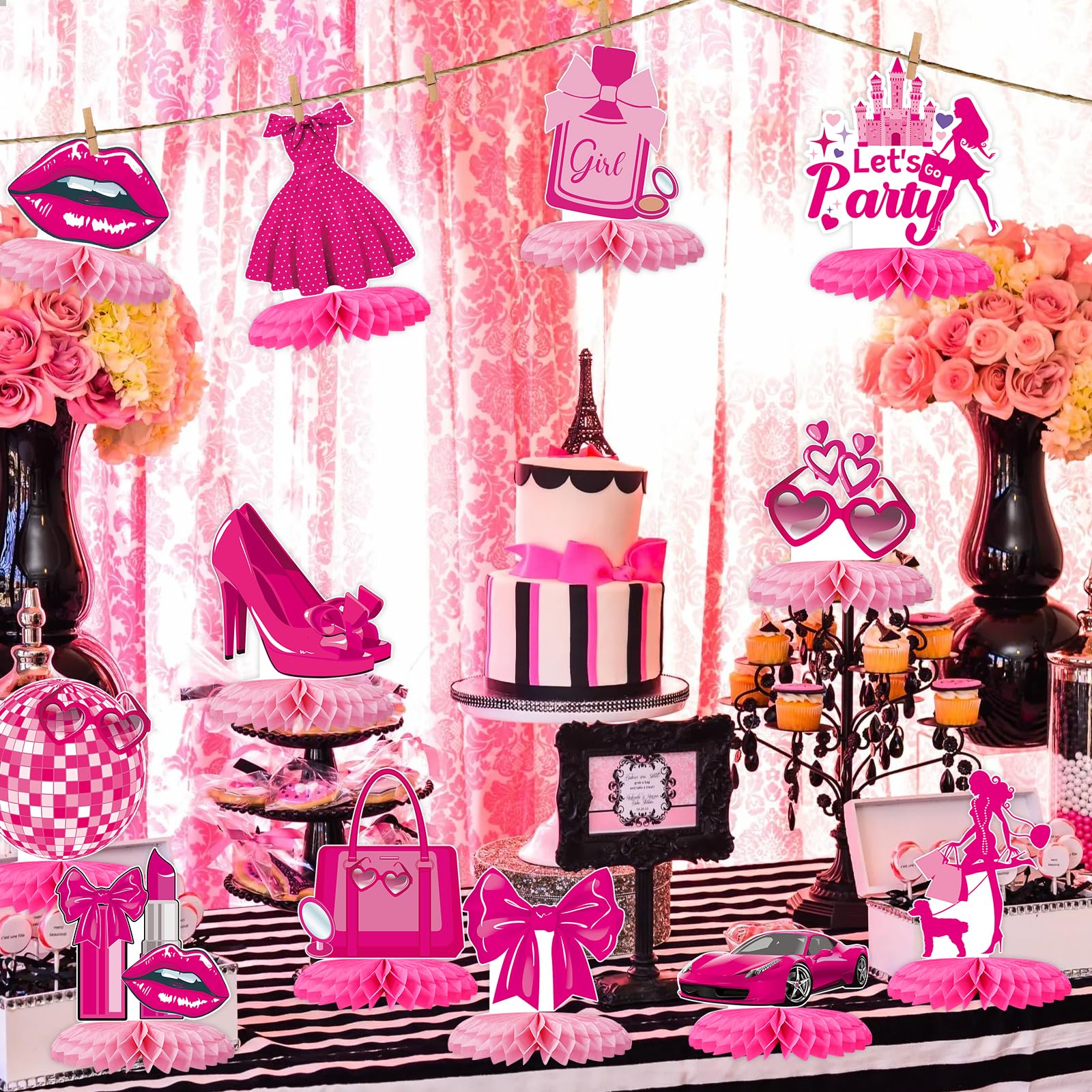 Tarklanda 12-Pack Hot Pink Honeycomb Centerpieces – 3D Party Table Decor for Bachelorette, Bridal Shower, & Princess Birthday