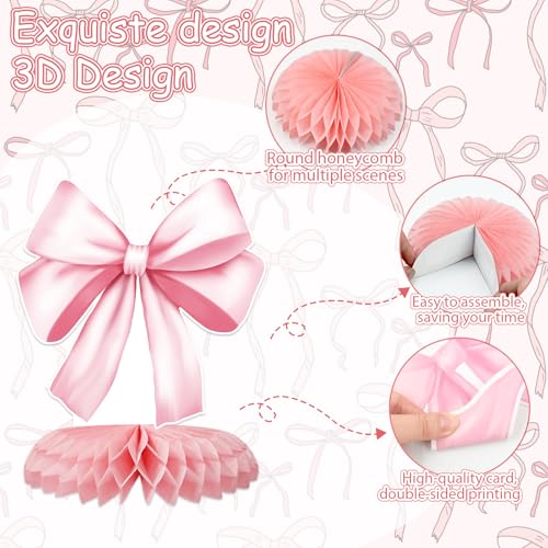 Tarklanda 12 Pcs Pink Bow Honeycomb Centerpieces - Coquette Birthday Party Table Decorations