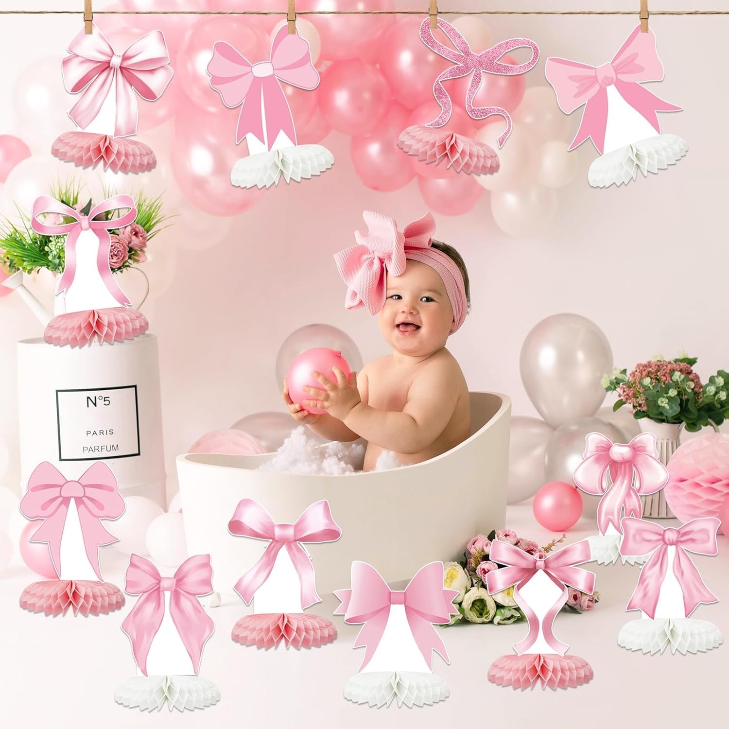Tarklanda 12 Pcs Pink Bow Honeycomb Centerpieces - Coquette Birthday Party Table Decorations