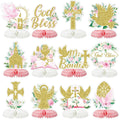 Tarklanda 12-Piece Pink Gold Baptism Honeycomb Cross Centerpieces for First Communion, Baby Shower, and Religious Party Decor