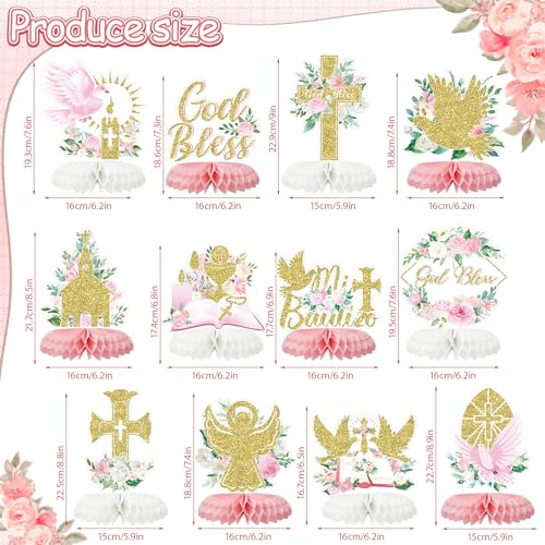 Tarklanda 12-Piece Pink Gold Baptism Honeycomb Cross Centerpieces for First Communion, Baby Shower, and Religious Party Decor