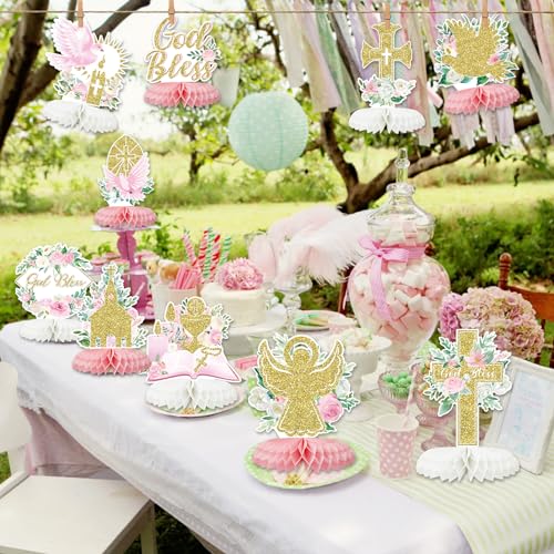 Tarklanda 12-Piece Pink Gold Baptism Honeycomb Cross Centerpieces for First Communion, Baby Shower, and Religious Party Decor