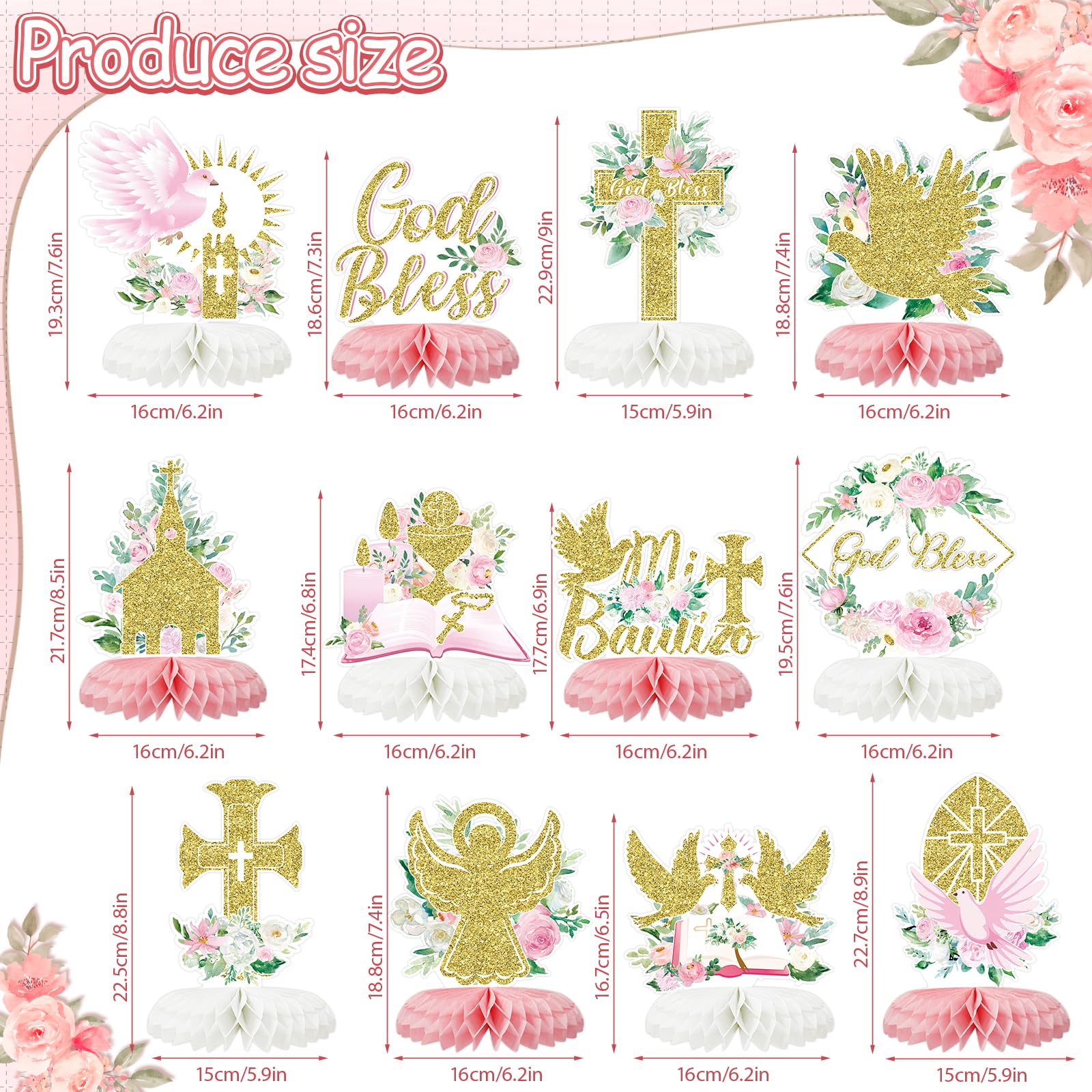 Tarklanda 12-Piece Pink Gold Baptism Honeycomb Cross Centerpieces for First Communion, Baby Shower, and Religious Party Decor