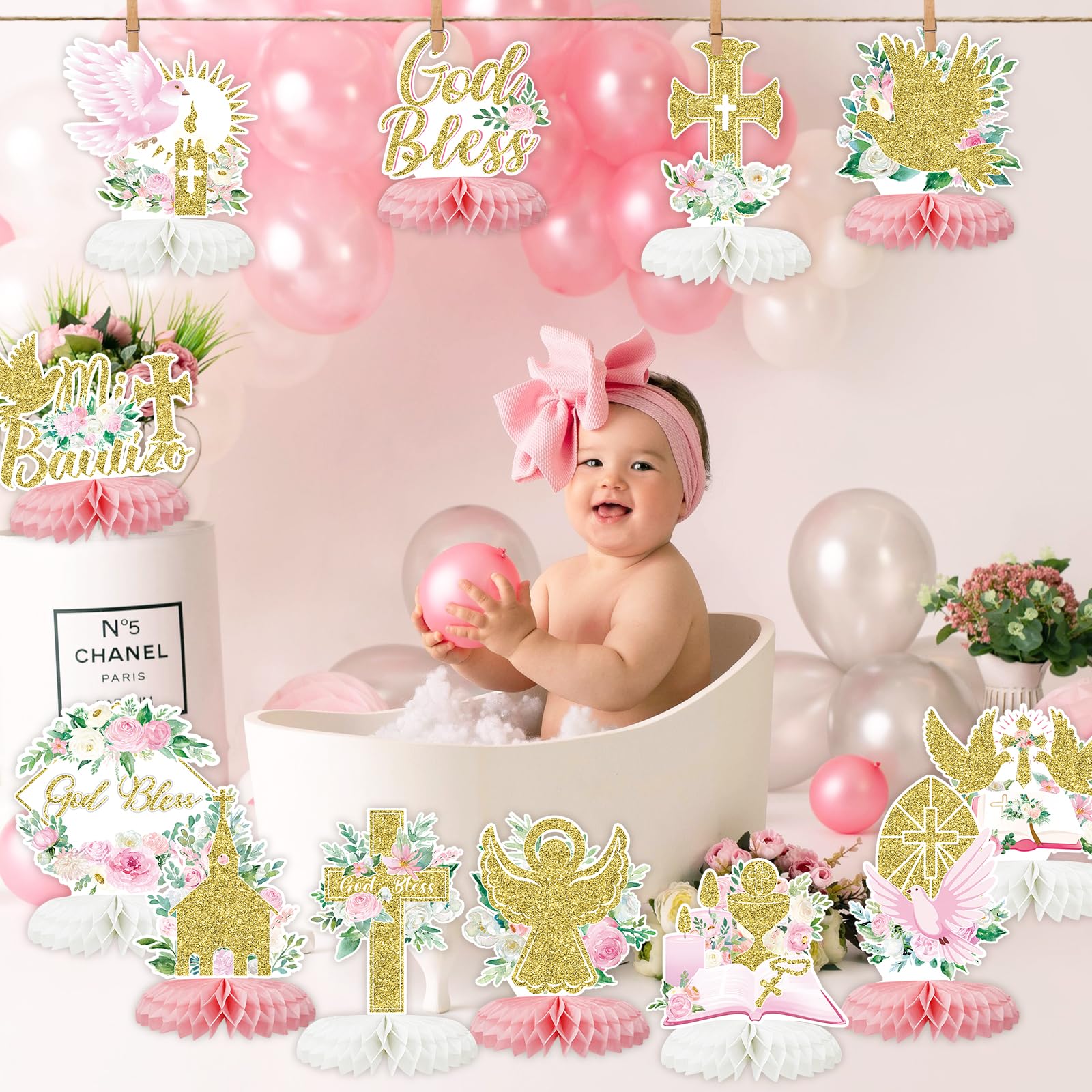 Tarklanda 12-Piece Pink Gold Baptism Honeycomb Cross Centerpieces for First Communion, Baby Shower, and Religious Party Decor