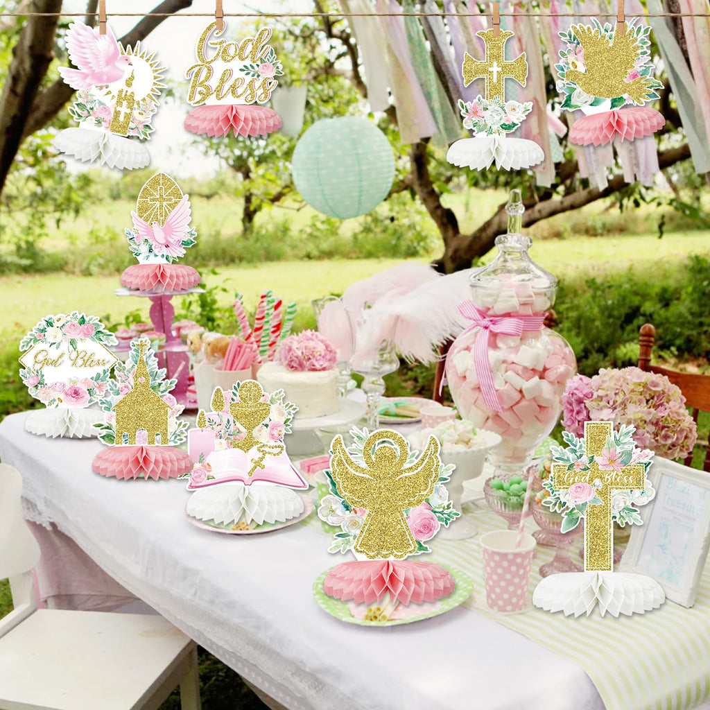 Tarklanda 12-Piece Pink Gold Baptism Honeycomb Cross Centerpieces for First Communion, Baby Shower, and Religious Party Decor