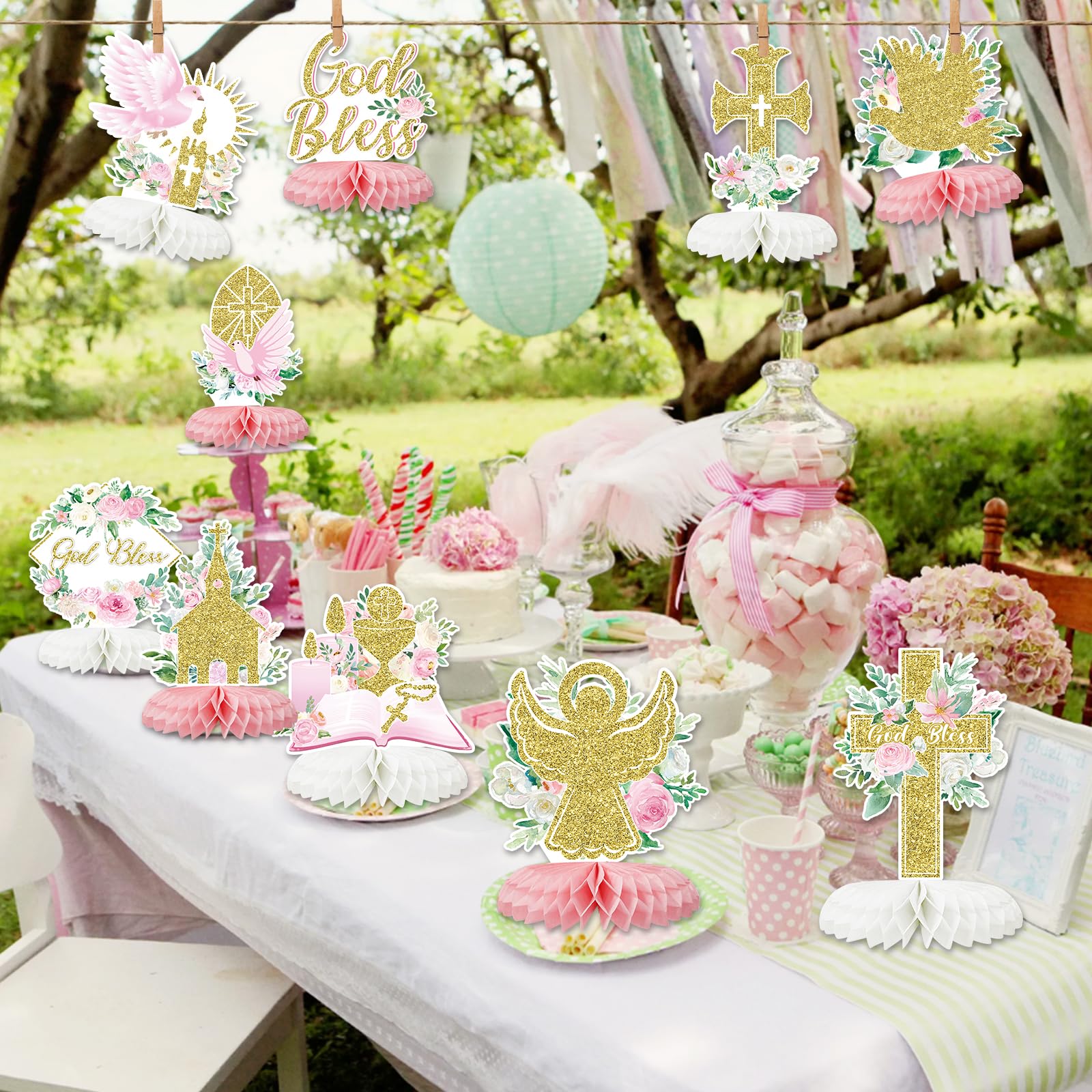 Tarklanda 12-Piece Pink Gold Baptism Honeycomb Cross Centerpieces for First Communion, Baby Shower, and Religious Party Decor