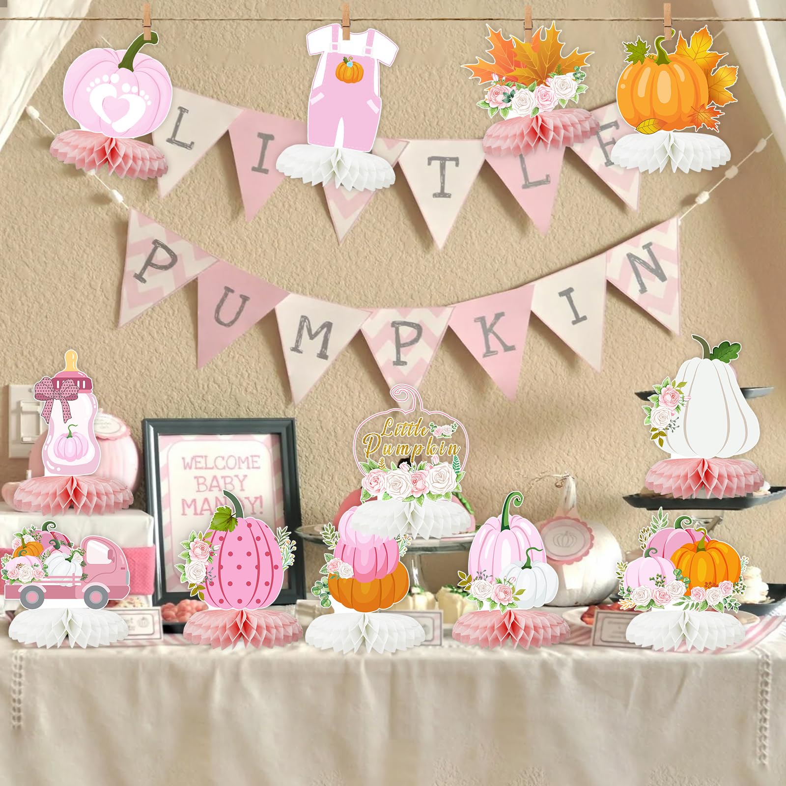 Tarklanda 12-Piece Pink Pumpkin Honeycomb Centerpieces - Baby Shower Fall Table Decorations