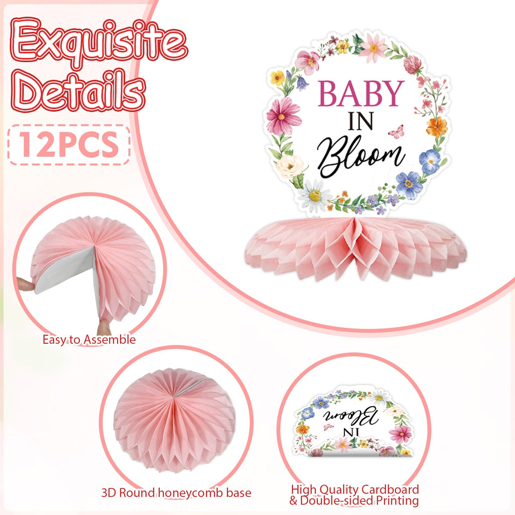 Tarklanda Baby in Bloom Baby Shower Honeycomb Centerpieces 12 Pieces - Spring Floral Table Decor for Parties, Gender Reveal, Birthday