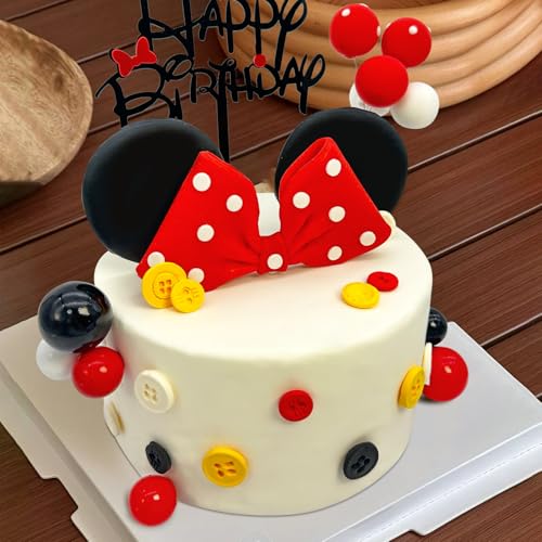 Tarocynn 20-Piece Mouse Birthday Cake Topper Set with Bows, Ears, and Decor Balls – Red Polymer Clay & Foam Decoration