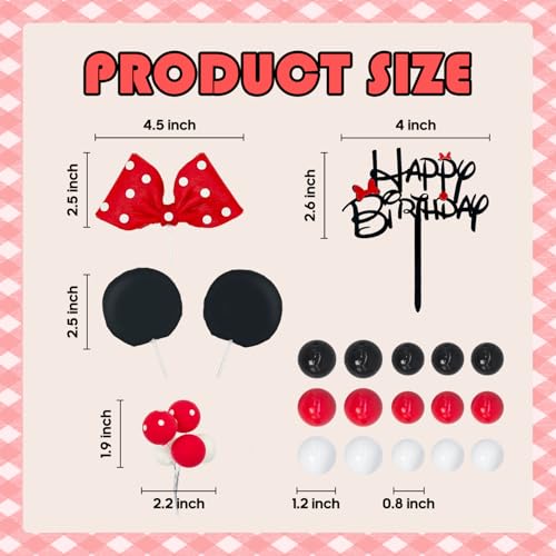 Tarocynn 20-Piece Mouse Birthday Cake Topper Set with Bows, Ears, and Decor Balls – Red Polymer Clay & Foam Decoration
