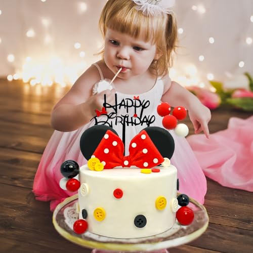 Tarocynn 20-Piece Mouse Birthday Cake Topper Set with Bows, Ears, and Decor Balls – Red Polymer Clay & Foam Decoration
