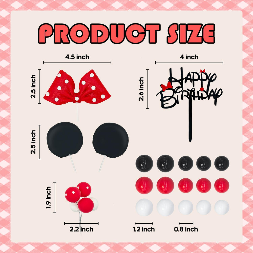 Tarocynn 20-Piece Mouse Birthday Cake Topper Set with Bows, Ears, and Decor Balls – Red Polymer Clay & Foam Decoration