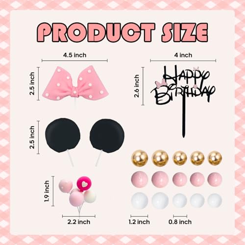 Tarocynn 20-Piece Mouse Cake Topper Set with Bows, Ears, and Foam Balls for Birthday or Baby Shower