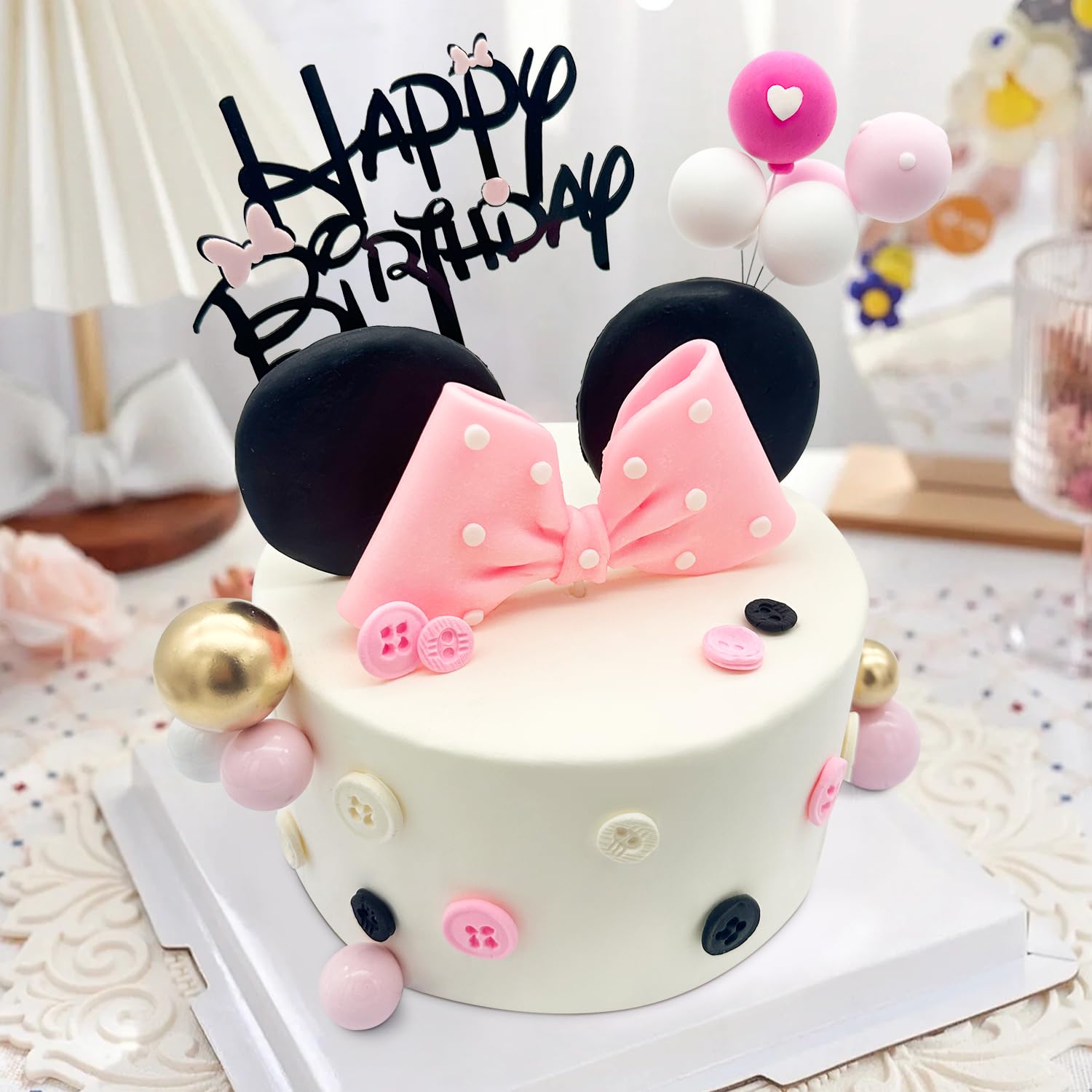 Tarocynn 20-Piece Mouse Cake Topper Set with Bows, Ears, and Foam Balls for Birthday or Baby Shower