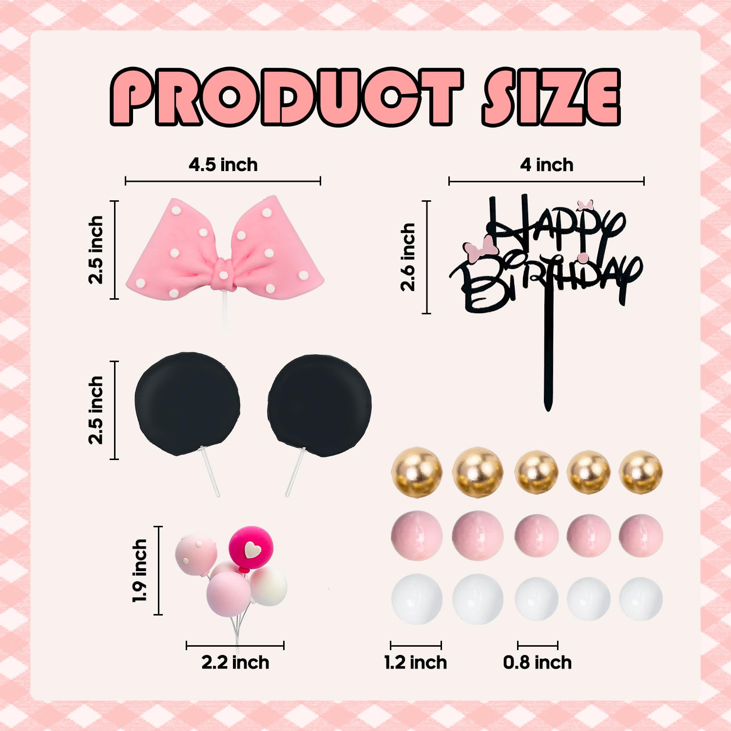 Tarocynn 20-Piece Mouse Cake Topper Set with Bows, Ears, and Foam Balls for Birthday or Baby Shower