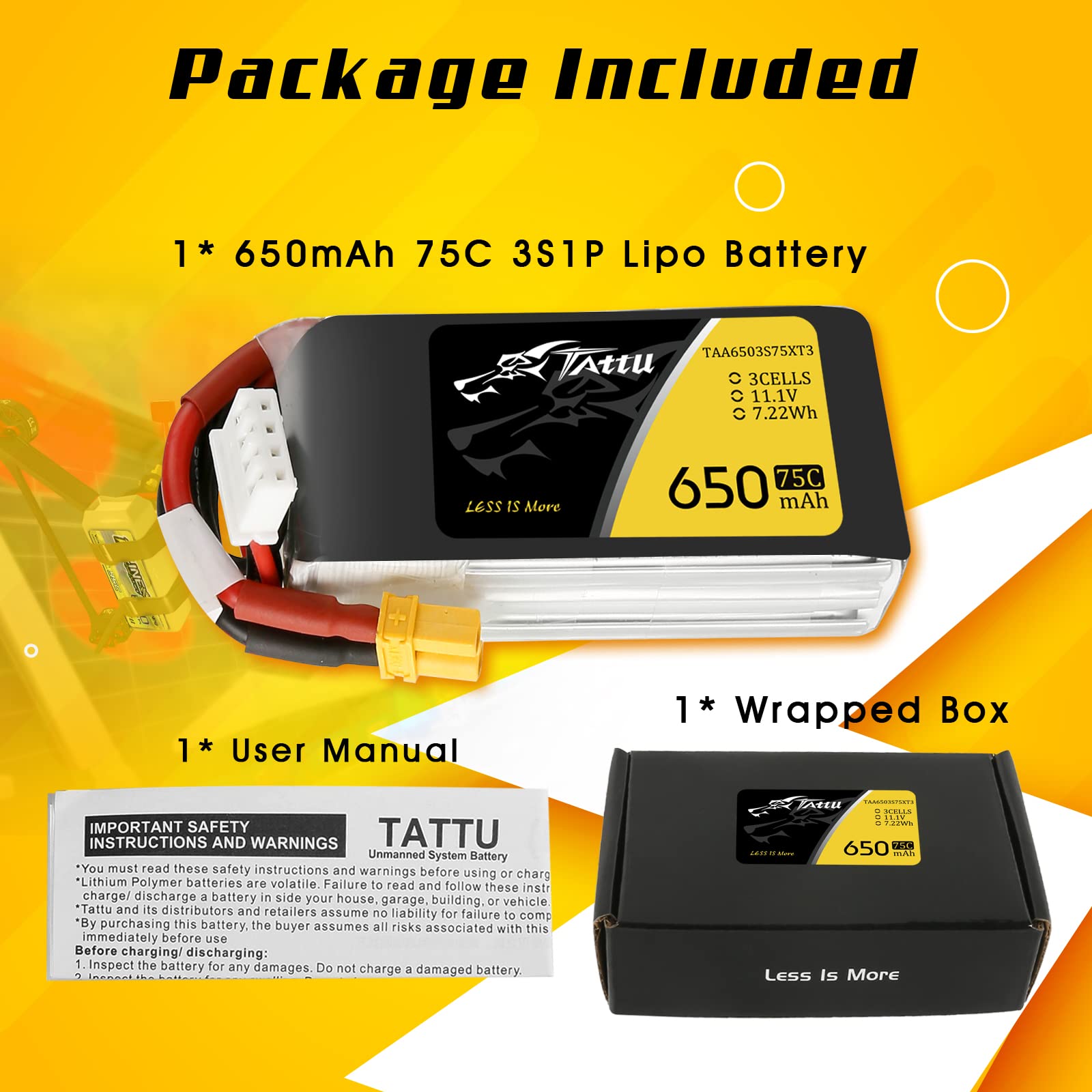 Tattu 11.1V 650mAh 75C 3S LiPo Battery Pack with XT30 for 90-180 Size Quadcopters