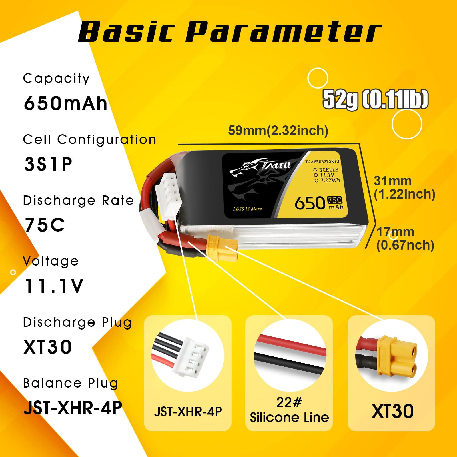 Tattu 11.1V 650mAh 75C 3S LiPo Battery Pack with XT30 for 90-180 Size Quadcopters