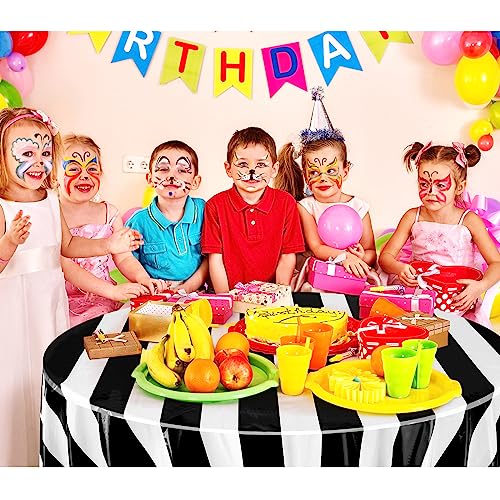 Tatuo 3-Pack Black & White Striped Circus Tablecloth (84-inch Round) – Disposable Plastic for Carnival Birthday Party Decor