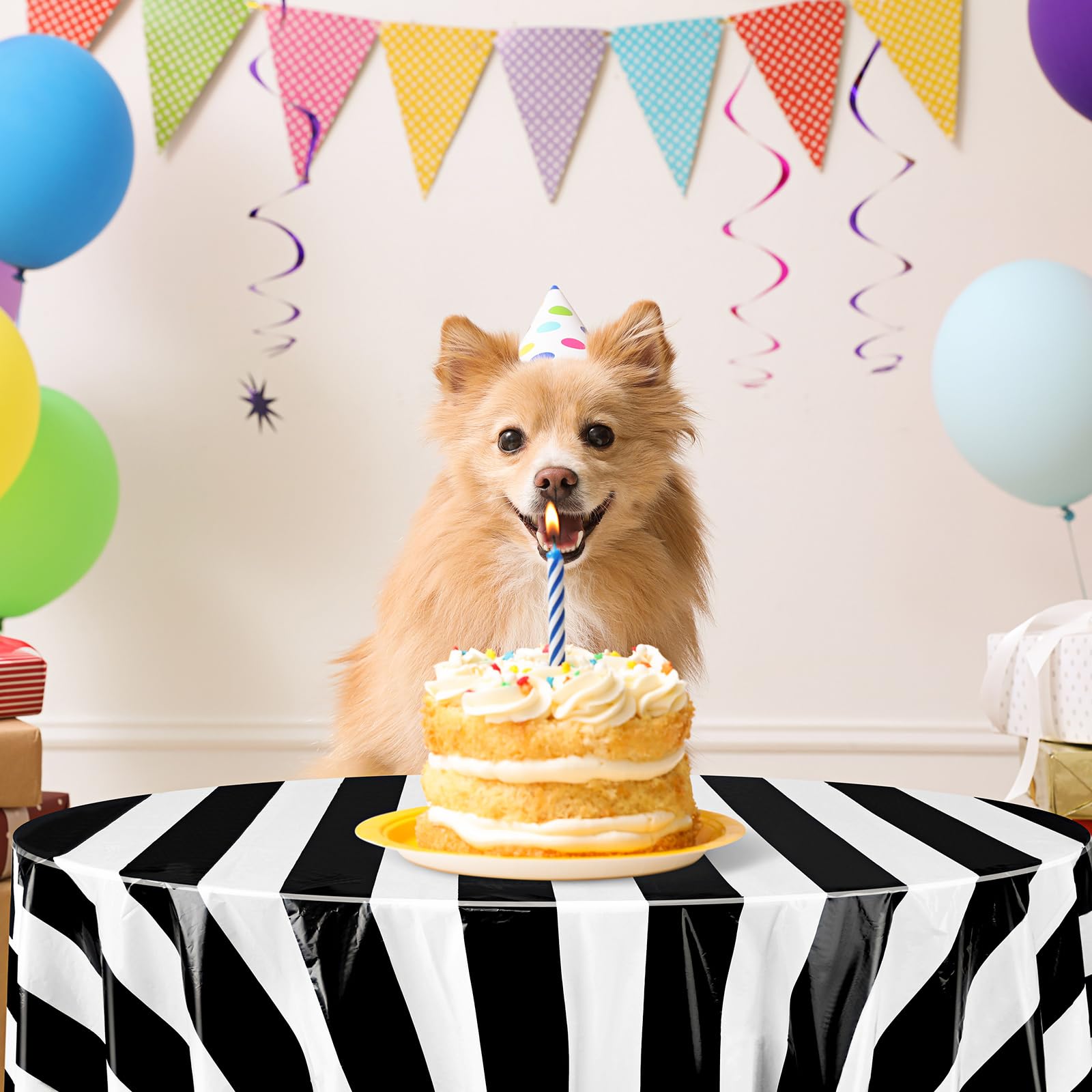 Tatuo 3-Pack Black & White Striped Circus Tablecloth (84-inch Round) – Disposable Plastic for Carnival Birthday Party Decor