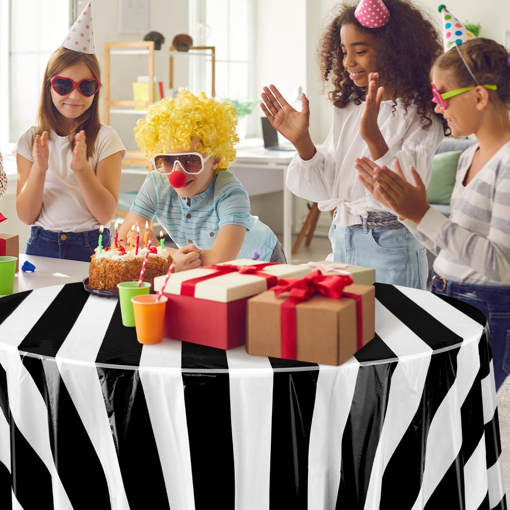 Tatuo 3-Pack Black & White Striped Circus Tablecloth (84-inch Round) – Disposable Plastic for Carnival Birthday Party Decor