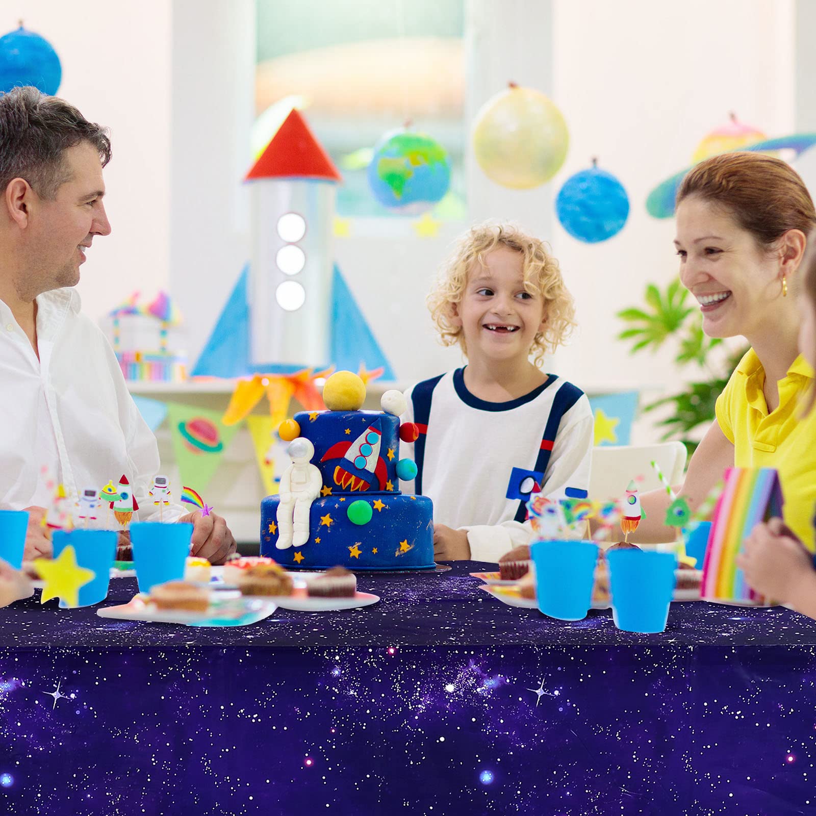 Tatuo 3 Pack Galaxy Plastic Table Cover – 54x108 Inch Space Themed Disposable Tablecloth for Birthday Parties & Events