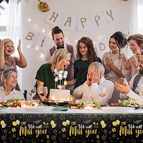Tatuo 3 Pack We Will Miss You Tablecloth - Gold Going Away Party Decorations, Disposable PE Plastic Table Cover for Farewell, Retirement, Graduation
